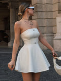 Bonnyshow  Sexy Off Shoulder Women 's Mini Dress Solid Backless Sleeveless Unique Button Dressess Lady 2025 Summer New Lady Beach Vestidos