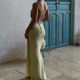 Bonnyshow  Beach Boho Knitted Maxi Dress Women Slim Split Dress Vintage Crochet Backless Tie Up Long Dress Cocktail Club Party