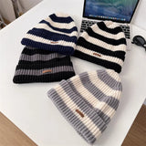 Bonnyshow Korean Stripe Beanie Cap for Women Winter Thick Thread Needle Knitted Hat Vintage Hip Hop Female Slouchy Hats