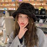 Bonnyshow Faux Fur Bucket Hat for Women Winter Thick Plush Girls Fisherman Cap Korean Solid Color Warm Fluffy Sun Visor Panama Caps