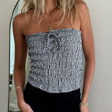 Bonnyshow  Plaid Strapless Tube Tops Elastic Ruched Off Shoulder Crop Tops Bandeau 90s Vintage Backless Y2K Tank Vest Women