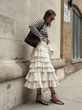 Bonnyshow  Ruffled Midi Skirt Womens Vintage Flounce Skirt Woman New Fashion Elegant Solid Long Skirts autumn Evening Party Skirts