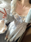 Bonnyshow  Women French Gentle Lace Edges Temperament Floral Slimming Long Suspender Dress + Blue Short Knitted Cardigan Tops Two-piece Set