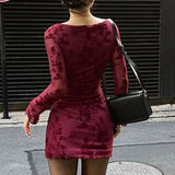 Bonnyshow Dresses Women Autumn O-Neck Sexy Wine Red Streetwear Fashion Print Long Sleeves Dresses Lady Knitted Pullover Clothing Dress