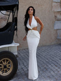Bonnyshow  Fashion Halter Women's Maxi Dresses Solid Hollow Out Deep V-Neck Sheath Bodycon Sleeves Elegant Party Backless Vestidos