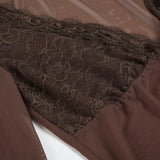 Bonnyshow  y2k Brown Mesh Spliced Lace Cardigan Women Lace-Up flared Sleeve Rufed T-Shirt Aesthetic Transparent Top summer Clothes