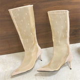 Bonnyshow  Autumn Street Style Design Breathable Mesh Women Knee-High Boots Pointed Toe Thin Low Heels Sandals Booties Ladies Shoes