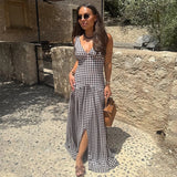 Bonnyshow  Reteo Plaid V Neck Split Sling Dress Women Elegant Splicing Pleated Sleeveless Backless Maxi Gowns Summer Vacation Street Robes