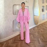 Bonnyshow  Casual Deep V-neck Shirt Long Pant Set Women Fashion Solid Flowers Lace Up Shirts Straight Pants Sets Lady 2025 Chic Streetwear