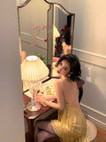 Bonnyshow  Spring and Summer 2025 Retro Sexy Tassel Suspender Halter Dress Skirt Party Style Women's Short Dress