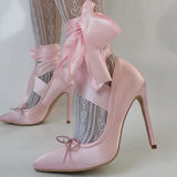 Bonnyshow  Pink Satin Ribbon Ankle Wrap High Heel Pumps Butterfly Knot Bow Women Shoes Slip On Pointed Toe Hollow Party Shoes