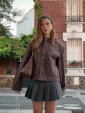 Bonnyshow  Fashion Vintage Stand Collar Jackets For Women Casual Full Sleeve Single Breasted Pockets Loose Coats Lady Autumn Chic Outerwear