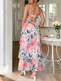 Bonnyshow  Summer Casual Vacation Style Suspender Dress Bohemian Print Cake Dresses Sleeveless Beach Long Dress Women's Vestidos