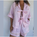 Bonnyshow  Summer Holiday 2 Piece Set Women Loose Patchwork Shorts Solid Hollow Out Bandage Shirt Sets Fashion Lady 2025 Elastic Waist Suit
