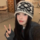 Bonnyshow Winter Women Knitted Hat Korean Warm Beanies Cap Vintage Harajuku Woolen Crochet Hats Lady Girl Pullover Caps