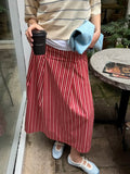 Bonnyshow  SummerRed Striped Long Skirt Women Zipper High Waist Loose Simple Midi Skirts Streetwear Fashion Casual A-line Faldas 2025 New