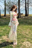 Bonnyshow  New French Style Sweet Style Set Summer Women's Royal Sister Romantic Lace Fishbone Corset  Half Skirt Trendy Suit
