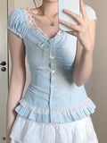 Bonnyshow  Sweet Simple Slim Fit Lace Spliced Women Plaid Shirts Fashion Causal Ruffly Bow Fake 2 Piece Blouses