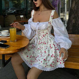 Bonnyshow Women's Summer Puff Sleeve Strap Tube Top Fake Two Piece French Dress Floral Suspender Skirt Elegant Party Club Outfit