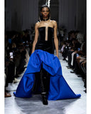 Bonnyshow Eye Catching Dark Naby Blue And Royal Blue AsymmetricalLong Evening Dresses Pleated Draped Straplee Formal Party Gowns