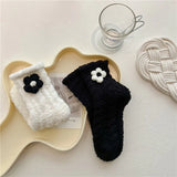 Bonnyshow Warm Coral Velvet Socks for Women Kawaii Flower Bows Mid Tube Sock Lady Thicken Warm Plush Sleep Home Floor Socks
