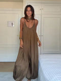 Bonnyshow  Casual Solid Slip Jumpsuit Women Vintage Brown Pleated Loose Wide Leg Jumpsuits Female 2025 Fashion Summer Street Lady Pants