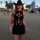 Bonnyshow  Fashion Solid Hollow Out Mini Dress for Women O-neck Sleeveless Wrap Hip Female Slim Dresses Summer New Party Lady Robes