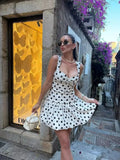 Bonnyshow  Elegant Women Polka Dot Short Dress Sleeveless Sweetheart Neck Pleated Hem A-line Dresses Summer Lady Chic Party Vestidos