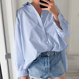 Bonnyshow Women's Shirt 100% Cotton Blue Striped Long Sleeved Leisure And Fashion Versatile Shirt Top Blue Loose Fitting Shirt