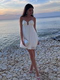 Bonnyshow  Women White Pleated Backless Sling Dress Elegant Patchwork Wrapped Chest Sleeveless Mini Dresses Summer New Vocation Beach Robe