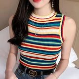 Bonnyshow  Knit Short Vest With Rainbow Stripes On The Shoulder Women Sleeveless T Shirts Off Shoulder Striped O Neck Tank Top