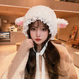 Bonnyshow Cute Sheep Plush Hat for Women Winter Warm Lamb Fleece Fluffy Costume Cap Cartoon Cosplay Bucket Beanies Hats Christmas Gift