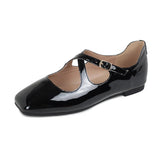 Bonnyshow  Cross Buckle Strap Flats Shoes for Women PU Leather Shiny Elegant Red Mary Janes Shoes Spring Autumn Square Toe Loafers Ladies