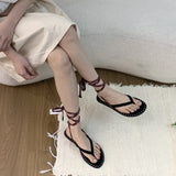 Bonnyshow  Summer Lace-Up Women Clip Toe Sandal Fashion Open Toe Narrow Band Footwear Ladies Gladiator Shoes Outdoo Flats Sandalias