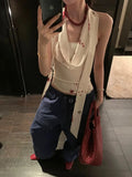 Bonnyshow  Satin Printed Sleeveless Halter TopsWomen Camisole Summer Spicy Girl Fashion Short Slim Fit Backless Tank Top Women