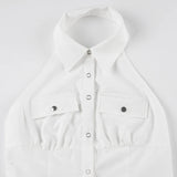 Bonnyshow  Fashion Solid Hottie Safari Style Simple Women Halter Shirts Pocket Slim Fit Backless Summer Blouses