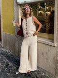 Bonnyshow  Casual Pants Set Women Contrast Knitted Vest 2piece Set Round Neck Sleeveless Waistcoat Cardigan High-waisted Trousers Summer