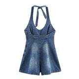 Bonnyshow  Sexy Backless Halter Denim Jumpsuit Women High Street Summer Romper Short Playsuit