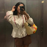 Bonnyshow  Women Floral Embroidery Drawstring Waist Blouse Vintage Puff Sleeve Round Neck Loose Casual Tops Streetwear Lady Shirts