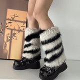 Bonnyshow Zebra Leg warmer Y2k Artificial Fur stripe Socks Japanese Lolita Leg warmer Women Faux Fur Shoes Cuffs Cover Socks Streetwear