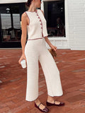 Bonnyshow  Casual Pants Set Women Contrast Knitted Vest 2piece Set Round Neck Sleeveless Waistcoat Cardigan High-waisted Trousers Summer