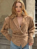 Bonnyshow Casual Turndown Collar Women's Jacket V-neck Short Belted Jackets New Autumn Vintage Women Coat Solid Color Retro Outerwears