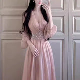 Bonnyshow  French Style Summer Light Luxury High-end Pink Vintage Beading Dress Women Lantern Sleeves V-Neck High Waist Elegant Dress