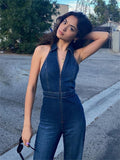 Bonnyshow Y2k Denim Jumpsuit Women New V-Neck Sleeveless Slim Bodycon Jumpsuits Overalls Streetwear One Piece Outfits Jeans