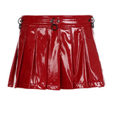 Bonnyshow Autumn Winter Christmas Red PU Leather Mini Pleated Skirts Fashion Metal Rings Casual A-line Y2K Streetwear Skirt Clubwear