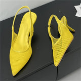 Bonnyshow  Summer Breathable Mesh Pointed Toe Women Pumps Elegant Slingbacks Thin High Heels Party Dress Shoes BIG SZIE 43