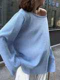 Bonnyshow  Solid Knitted Loose Backless Sweater Women Autumn New Scoop Neck Long Sleeve Sweaters Simple Casual Fashion Pullover Jumper Tops