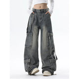 Bonnyshow Women Blue Jeans Cargo Pants Streetwear High Waist American Wide Leg Pants Fashion Y2K Style Female Winter Straight Trousers