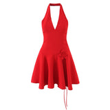 Bonnyshow  Sexy Red Halter Dress Women Slim Low Waist Spliced 3D Flower Swing A-lined Backless Short Dresses Summer Robe