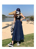 Bonnyshow  Casual Soft Solid Women's Female Versatile Long Pleated A-line Half-body Denim Skirt Dress Maxi Slim Grace